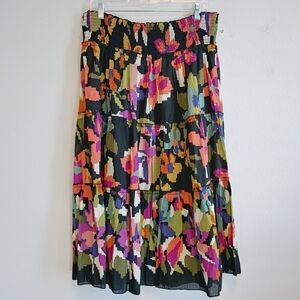Chaudry KC Boho Gypsy Peasant Tiered Smocked Floral Midi Skirt Sz XL